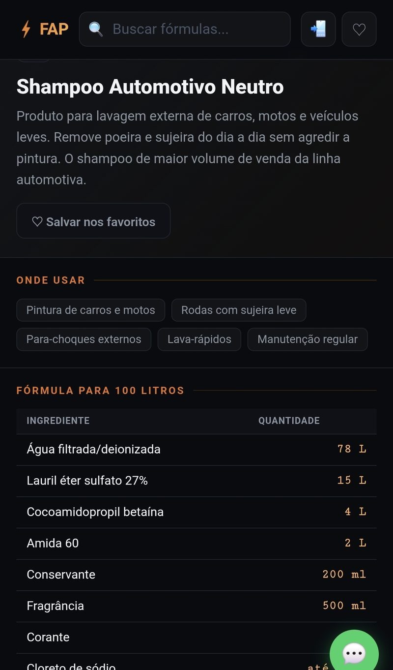 Exemplo de fórmula — ingredientes e quantidades
